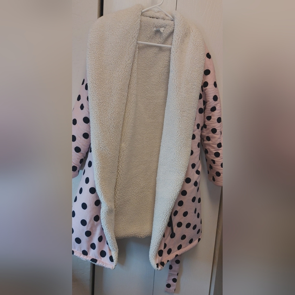 Boden Fuzzy Dressing Gown Robe Size Medium Polka-dot Pink Black Cozy Comfy Warm - Picture 4 of 13